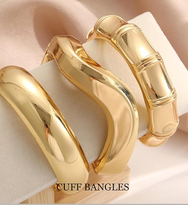 Chunky Gold Bangle Bracelets for Women, 14k Dainty Gold Cuff Stackable Bracelet Set, Trendy Bracelet Stack Fashion Jewelry Gifts