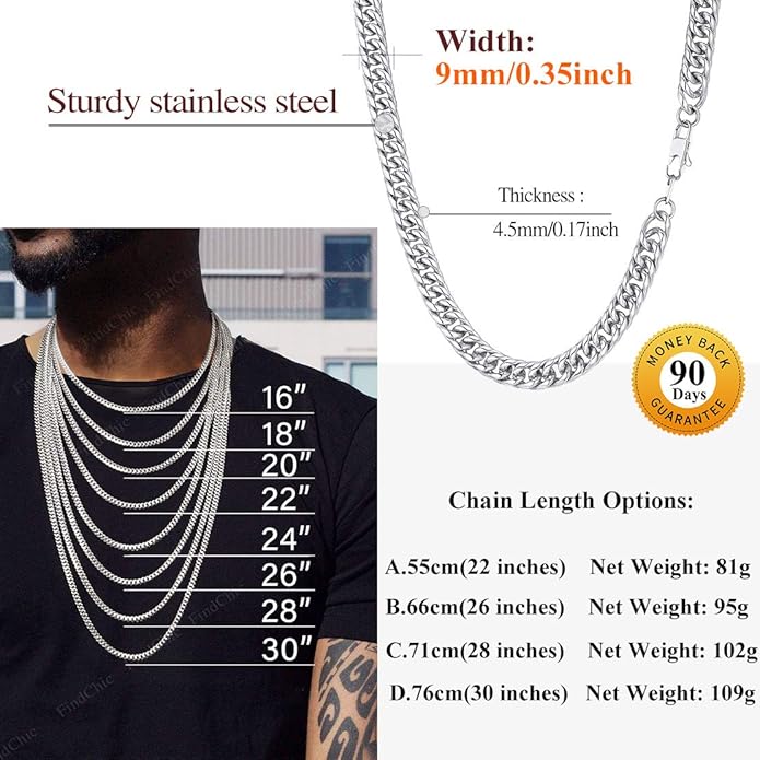 FindChic Men Curb Chain Necklace 18K Gold Plated/Stainless Steel/Black Chunky Double Tight Cuban Link Hip Hop Neck Chains for Men Boys 3.5MM/5MM/6MM/7MM/9MM/12MM 14''-30'' 8 Length Options (Send Gift Box)