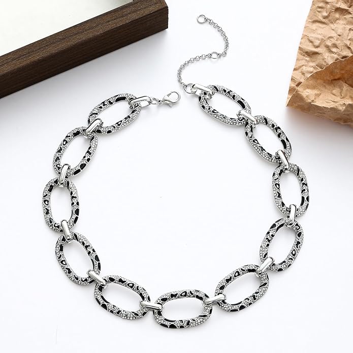 Chunky Chain Necklace Geometric Links Collar Necklace, Animal Prints Black and White Enamelled with Rhinestone Embellished Details Women Gifts