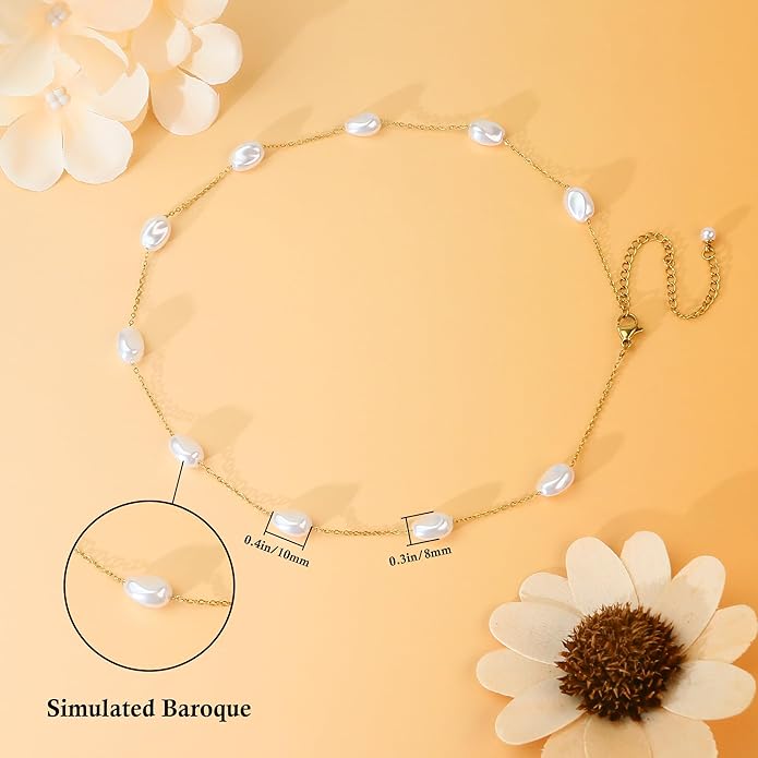SmileBelle Pearl Necklaces for Women, Daisy Pearl Choker as Y Shaped Pearls Jewelry Gold Heart Necklace for Anniversary Birthday Gifts White Baroque Necklace as Wedding Jewelry