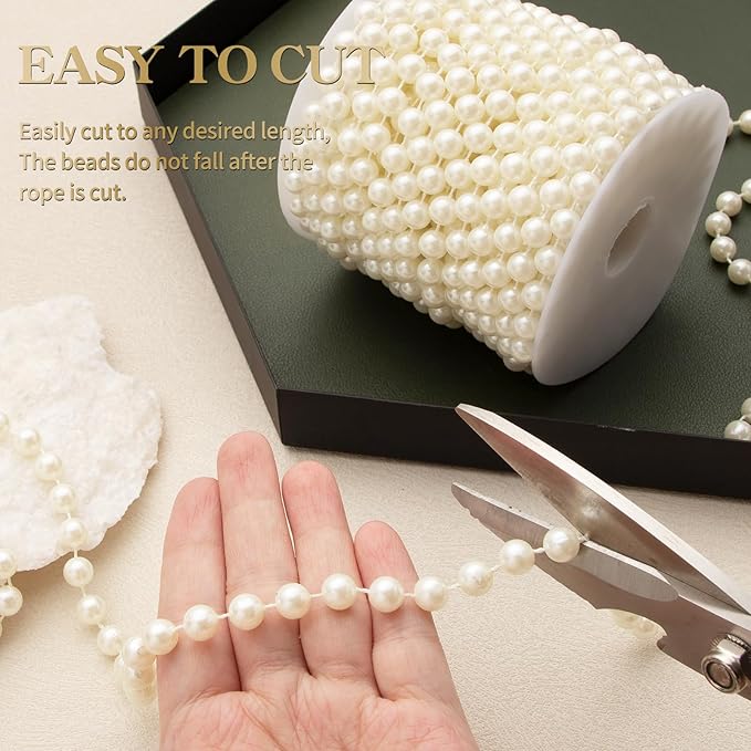 8mm Pearl Garland, 33 Feet Faux Pearl Garland Spool Roll for Wedding Centerpiece Backdrop Christmas Tree and Flowers Decoration DIY Craft (Ivory)