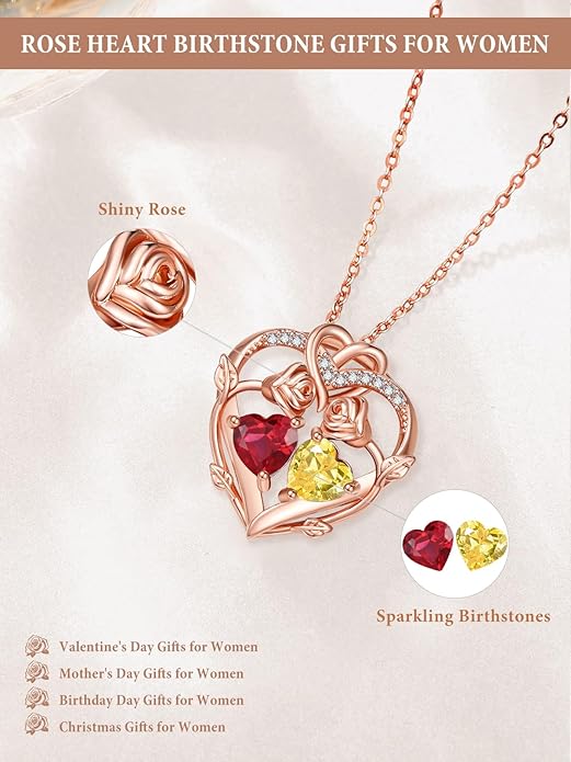 Rose Gold Necklaces for Women Double Birthstone Rose Flower Heart Pendant Necklace Jewelry Anniversary Christmas Valentine's Mother's Day Birthday Gift for Wife Mom Her Girlfriend Sister