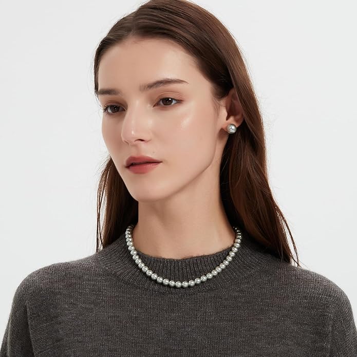 Pearl Necklace 18 inch and Pearl Earrings Studs, Lustrous Gorgeous Imitated Silver/White Pearls Jewelry Set For Women
