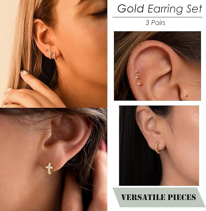 Gold Hoop Earrings Set for Women 14K Gold Silver Plated Huggie Earring Pack Multiple Piercing Dainty Cartilage Earring Hypoallergenic Trendy Cubic Zirconia CZ Earring Stack Jewelry Gifts