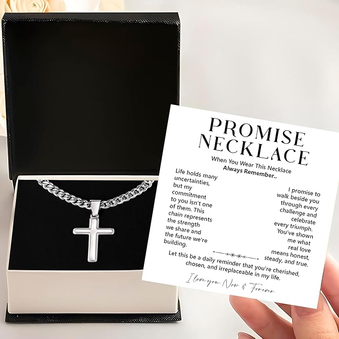 FLAGISTA Promise Cross Necklace for Him – Stainless Steel Cross Pendant with Cuban Link Chain, Meaningful Promise Gift for Husband, Boyfriend or Loved One.