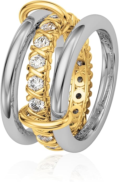 Leaocean Gold Stackable Rings for Women CZ Wedding Band Rings 18k Gold Plated Cubic Zirconia Rings, Silver Gold Multi Ring Mixed Metals Stack Rings Set