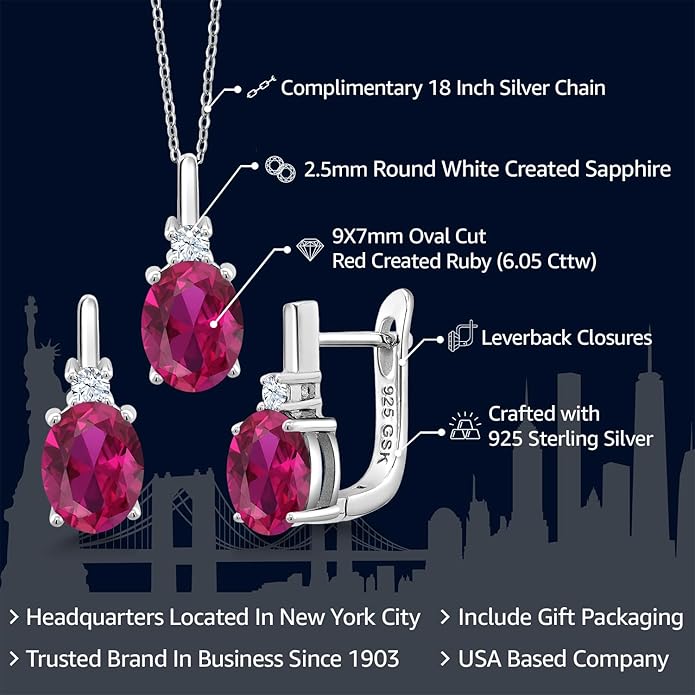Gemstone Birthstone and White Created Sapphire Pendant and Earrings Jewelry Set for Women in 925 Sterling Silver | Oval 8X6MM and Round 2.5MM | With 18 Inch Chain | Fine Jewelry for Her Mom Women Wife