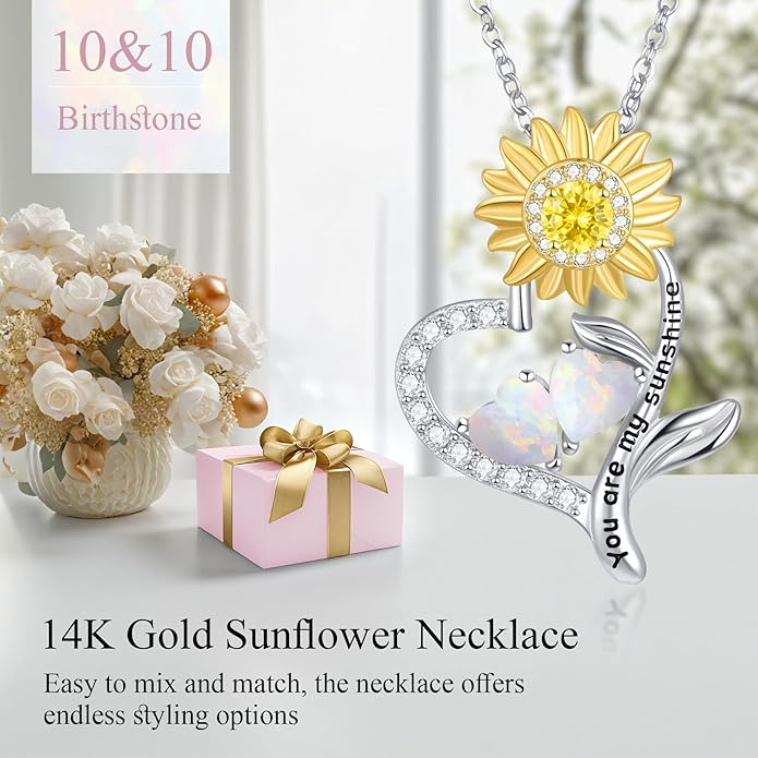 PERJI Valentine's Day Gifts for Women - 925 Sterling Silver Double Birthstone Sunflower Necklace, Anniversary Birthday Jewelry You are My Sunshine Gifts for Wife Couple Girlfriend 18"+2" Non Tarnish