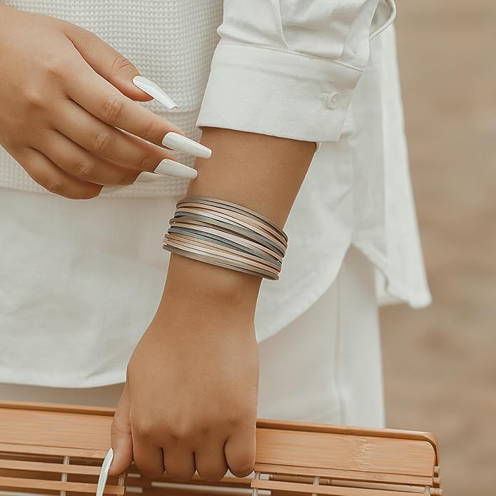 FANCY SHINY Boho Leather Wrap Bracelet Stackable Layered Bangle Cuff with Magnetic Clasp