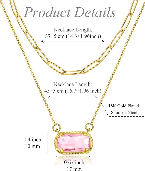Lourny Gemstone Birthstone Pendant Layered Necklace for Women Trendy, 18K Gold Plated Paperclip Chain Preppy Choker Charm Necklace for Women Wife Jewelry