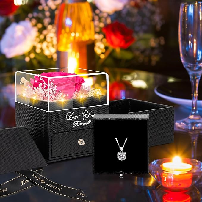 Preserved Dark Pink Real Rose with Heart I Love You Necklace -Eternal Flowers Rose Birthday Gifts for Women Her Mom Wife Girlfriend Grandma on Valentines Mothers Day Christmas Anniversary Romantic