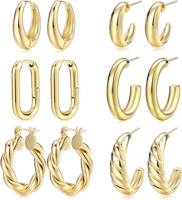 Hoop Earrings Set for Women, 6 Pairs 14K Gold Plated Lightweight Hypoallergenic Chunky Open Twisted Hoops Earrings Pack Jewelry