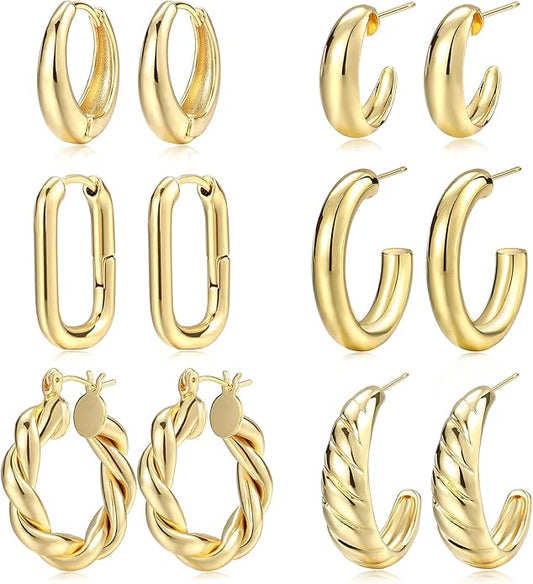 Hoop Earrings Set for Women, 6 Pairs 14K Gold Plated Lightweight Hypoallergenic Chunky Open Twisted Hoops Earrings Pack Jewelry