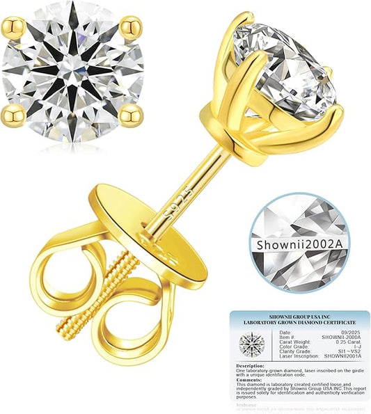 SHOWNII Diamond 4-Prong Lab-Grown Diamond Stud Earrings for Women 0.5CT 1CT 14K Gold Plated S925 Sterling Silver Screw Back Earrings(I-J Color, S1-VS2 Clarity)