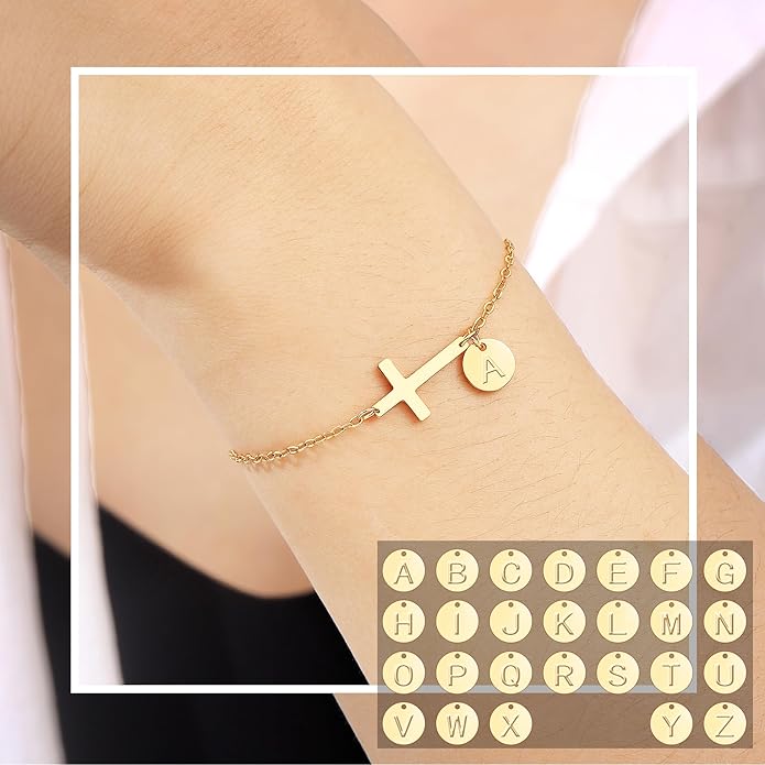 Sotcking Stuffers for Teens, Cross Bracelet for Women Dainty Cross Bracelet with Initials Link Chain Bracelets Christian Gifts for Women Teens Easter Baptism Religious Jewelry