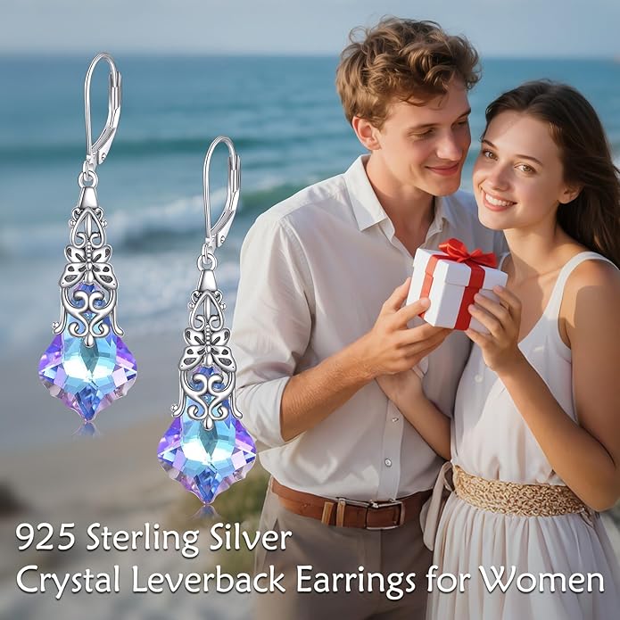 Austrian Crystal Dangle Drop Leverback Earrings for Women 925 Sterling Silver Vintage Oxidized Butterfly Filigree Hypoallergenic Jewelry