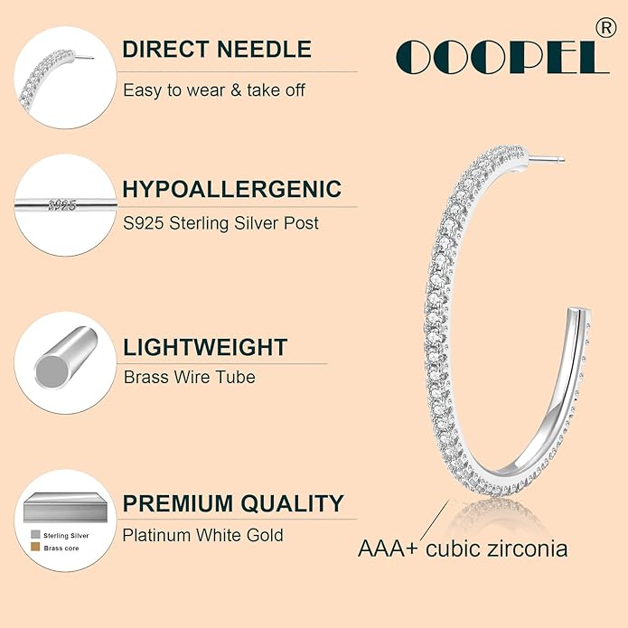 925 Sterling Silver Earrings Large Rhinestone Hoop Earrings Big Cubic Zirconia Hoop Earrings Thin Rhinestones Round Hoop Earrings for Women 20/30/40/50/60/70mm Sparkly Hoops With Crystals for Womens