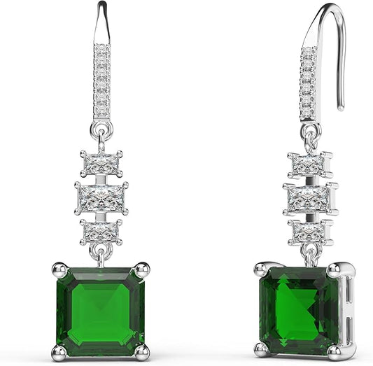 18K White Gold Plated Sterling Silver Asscher Cut Cubic Zirconia Dangle Earrings for Women Square CZ Diamond Drop Dangling Earrings for Women Mom