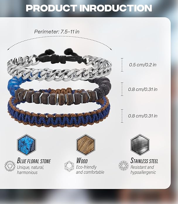 3pc Mens Beaded Bracelets Silver Stainless Steel Chain Bracelet for Men Handmade Braided Bracelet Sets Jewelry Gifts for Men