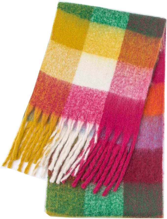SHOHOKU Large Chunky Plaid Scarf Coloured Checked Oversized Scarf Tassel Soft Fall Winter Thick Warm Shawl Women
