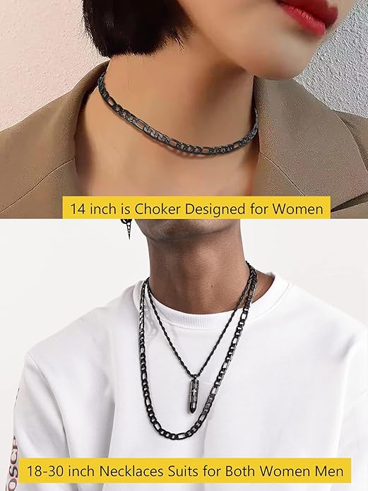 PROSTEEL 316L Stainless Steel Figaro Cuban Chain Necklace for Men, Black/18K Real Gold Plated, 4/5/6/7.5/9/10/13mm, 14inch-30inch, Come with Box