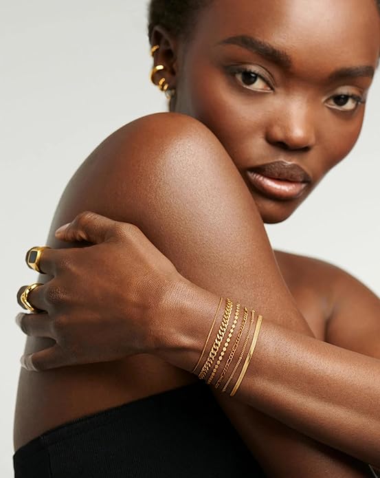 DEARMAY Waterproof Gold Plated Bracelets Set for Women Trendy, Dainty 14K Gold Jewelry Fashion Stackable Tennis Beaded Figaro Herringbone Paperclip Link Bracelet Pack Stack Gifts for Women