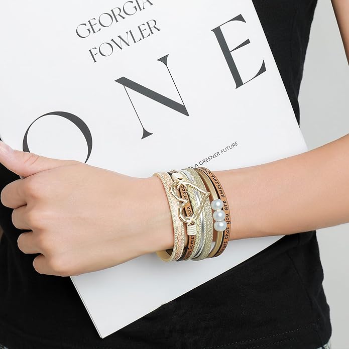 Desimtion Boho Layered Leather Wrap Inspirational Bracelets for Women, Sometimes You Forget Your Awesome Gifts for Women, Teen Girl Gifts Trendy Stuff, Christmas Jewelry for Women Girls