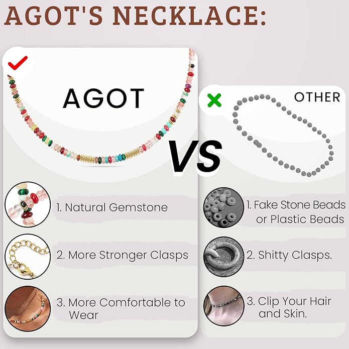 AGOT Beaded Gemstone Necklace for Women: Boho Bead Choker Natural Stone Necklaces - Handmade Jewelry for Summer Beach