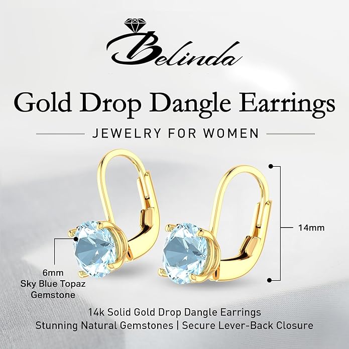 Women’s 14k Solid Gold Drop Dangle Earrings Lever Back Design with Natural Birthstone Gemstones Hypoallergenic Jewelry Collection Ideal Gifts for Wedding Anniversary