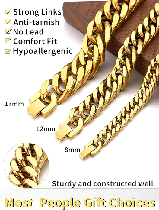 ChainsHouse Stainless Steel Cuban Link Bracelet, 8mm/12mm/17mm Width, 7.5"/8.3"/9", 18K Gold Plated Chain Wrist Bracelets for Men Women, Send Gift Box