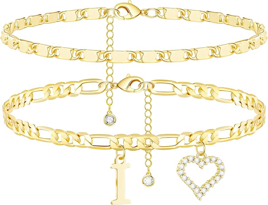 Initial Ankle Bracelets for Women Waterproof 14K Gold Plated Dainty Layered Figaro Chain Letter Initial CZ Heart Ankle Bracelets Set Summer Beach Jewelry for Women