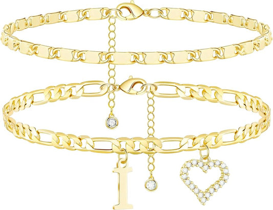 Initial Ankle Bracelets for Women Waterproof 14K Gold Plated Dainty Layered Figaro Chain Letter Initial CZ Heart Ankle Bracelets Set Summer Beach Jewelry for Women
