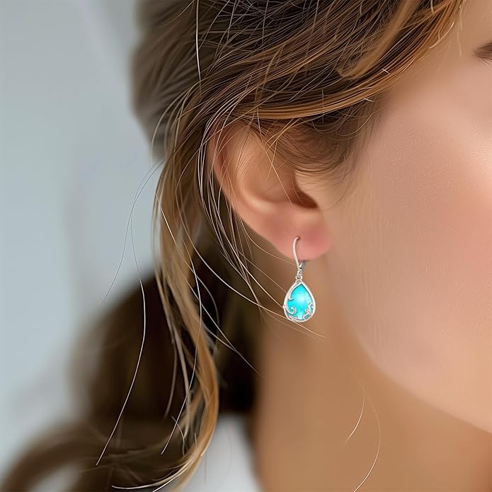 Sterling Silver Tree of Life/Flower/Bee/Animals/Cat/Hummingbird Dangle Earrings Moonstone Turquoise Drop Leverback Earrings Jewelry Gifts