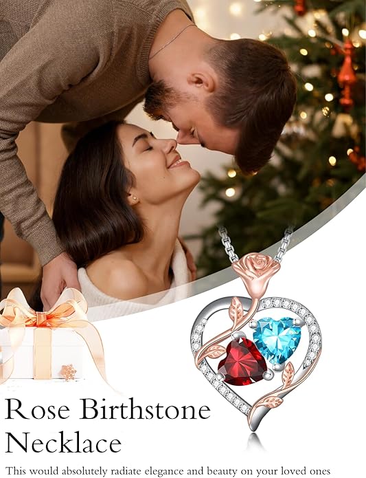 Christmas Gifts for Women Rose Heart Birthstone Pendant Necklace I Love You Forever Jewelry Valentine Mothers Day Birthday Gifts for Women Her Wife Girlfriend