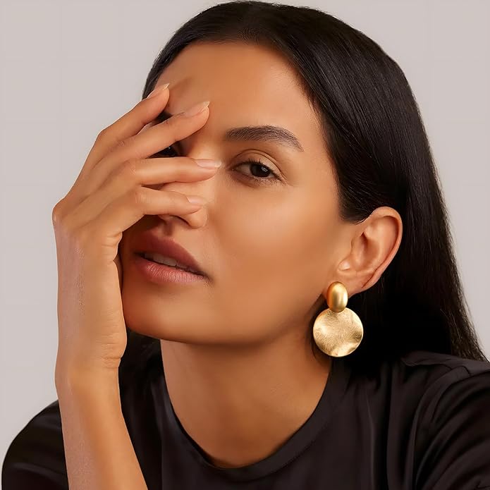 FAMARINE Big Disc Drop Earrings Gold Dangle Earrings Round Hammered Earrings Women