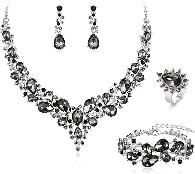 BriLove Wedding Bridal Jewelery for Women Austrian Crystal Teardrop Cluster Statement Necklace Dangle Earrings Link Bracelet Set