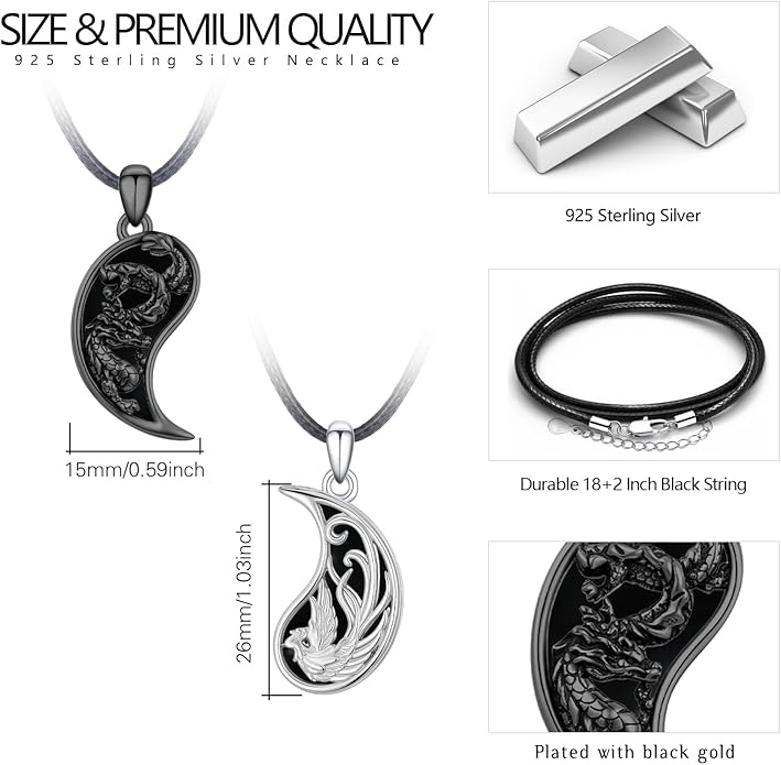 OHAYOO Dragon Phoenix Matching Necklace for Couples 925 Sterling Silver Yin Yang Pendant Necklaces for Couples Jewelry for Him and Her