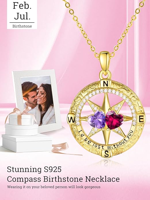 Zeuslia Double Birthstone Necklace Gifts for Wife - 925 Sterling Silver Sunflower/Rose/Crown Cross/Compass/Heart Pendant I Love You Necklace, Anniversary Birthday Gifts for Wife Girlfriend Mom Her