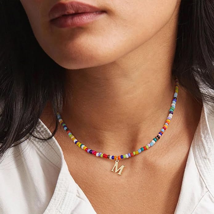 Yoosteel Colorful Beaded Initial Necklaces for Girls Gifts - Cute Choker Necklace for Kids Jewelry A-Z Initial Necklaces for Women Personalized Birthday Gifts for Teenage Girls