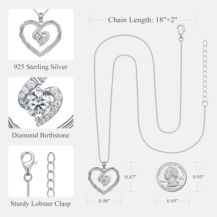 G&GEMSJEW 18K Gold Heart Birthstone Necklaces for Women, S925 Sterling Silver Jewelry Birthday Gifts for Women Wife Girlfriend Mom, Anniversary Christmas Valentines Gifts