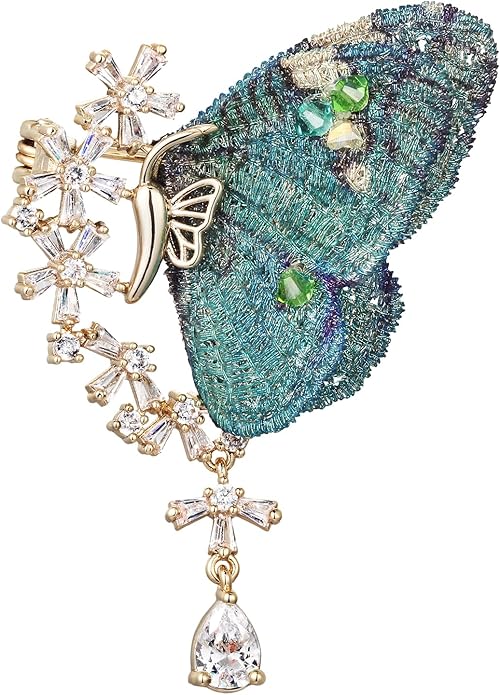 Handmade Embroidery Flower Brooch Pins for Women, SHE'S FREE STYLE JUST FOR YOU Luxury Gradient Stitching Floral Brooch Pins with Crystal stamen, Enamel Metal Butterfly with Green Leaves, Hand Dripping Oil Jewelry pins