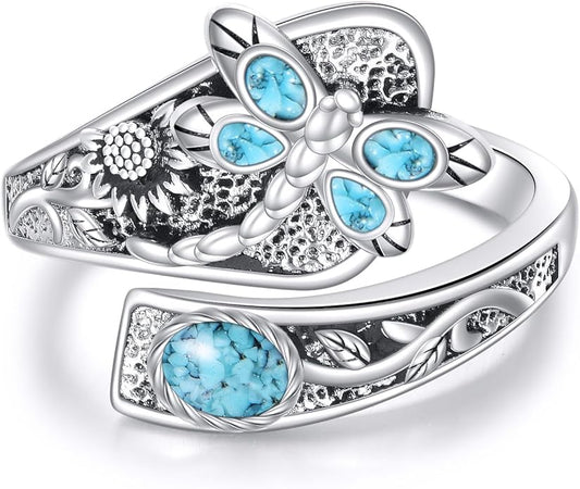 925 Sterling Silver Tulip/Dragonfly Ring for Women Flower Ring Vintage Jewerly Gift for Women