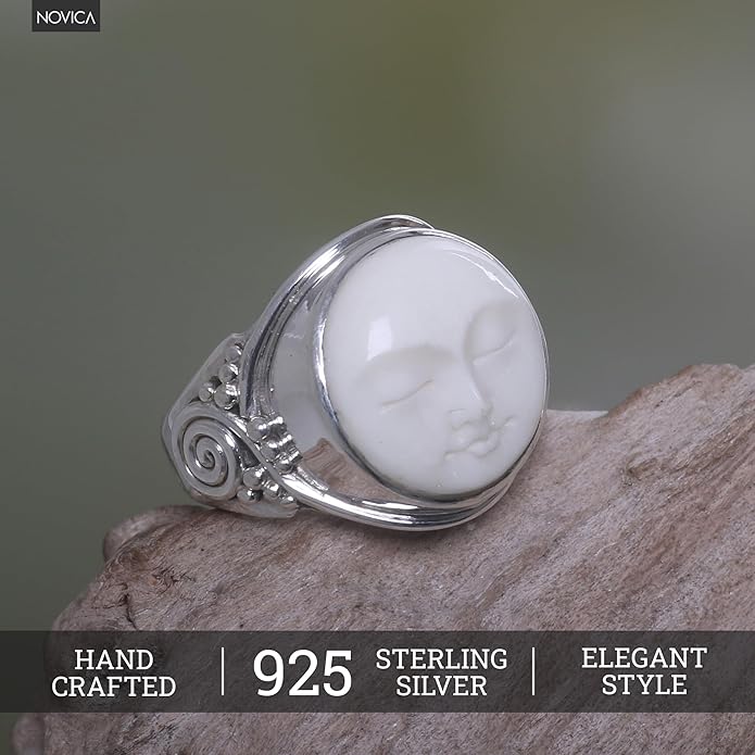 NOVICA Artisan Handmade Bone Ring Crafted .925 Sterling Silver Cocktail Indonesia 'Face of The Moon'