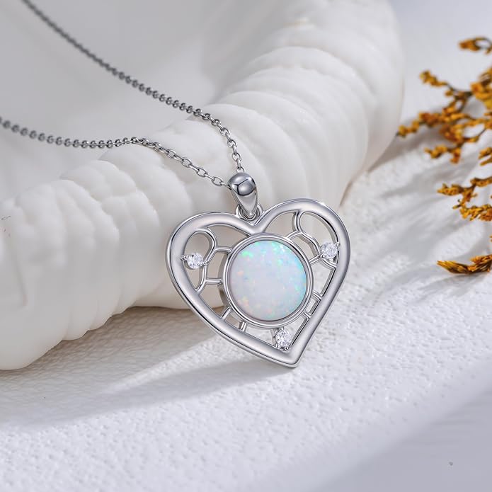 SELKAT 925 Sterling Silver Heart Opal Pendant Necklace for Women, Daily Wear & Anniversary/Birthday Jewelry Gifts for Mom Mother Wife