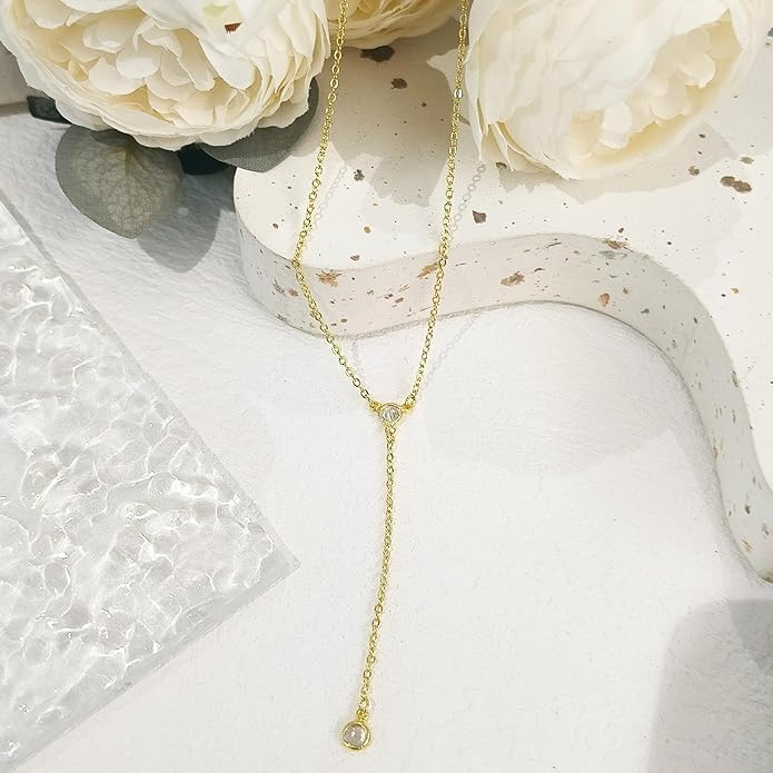 Gold Necklace for Women Trendy Lariat Y Necklace Dainty 14k Gold Plated/Silver Long Necklaces for Women Layered Beaded Drop Necklaces Simple Y-Shaped Chain Jewelry Gifts