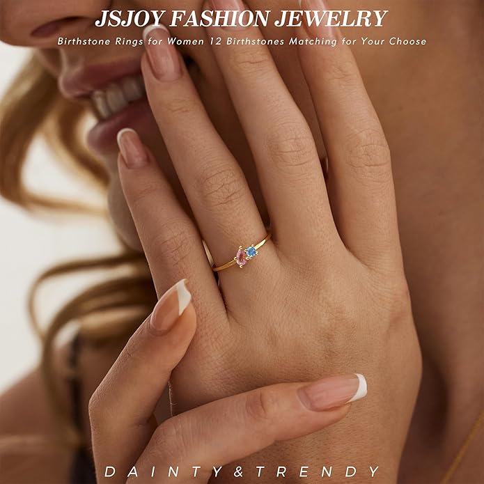 JSJOY Birthstone Rings for Women Dainty Emerald Blue Ring Birthday Gifts for Mom Her Gemstones CZ Ring for Teens Gold Rings That Don't Tarnish Adjustable Ring Jewelry Gifts