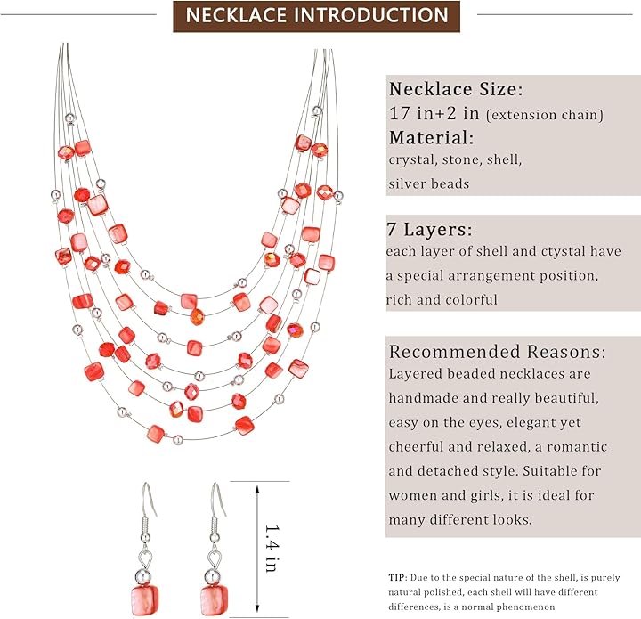 Multi-Layer Boho Shell Beaded Necklace for Women Colorful Crystal Strand with Silver Beads Statement Collars Necklace and Earrings Costumes Jewelry Sets for Women
