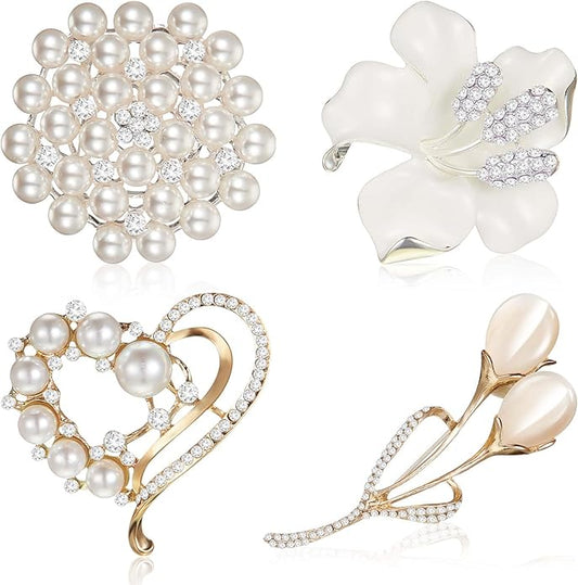 Ecally 4 Pcs Brooches and Pins for Women Crystal Pearl Brooch for Wedding Christmas Teacher Appreciation Gift