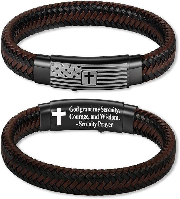 American Flag Leather Bracelet for Men Bible Verse Bracelets Cross Bracelet Christian Jewelry Gift for Men