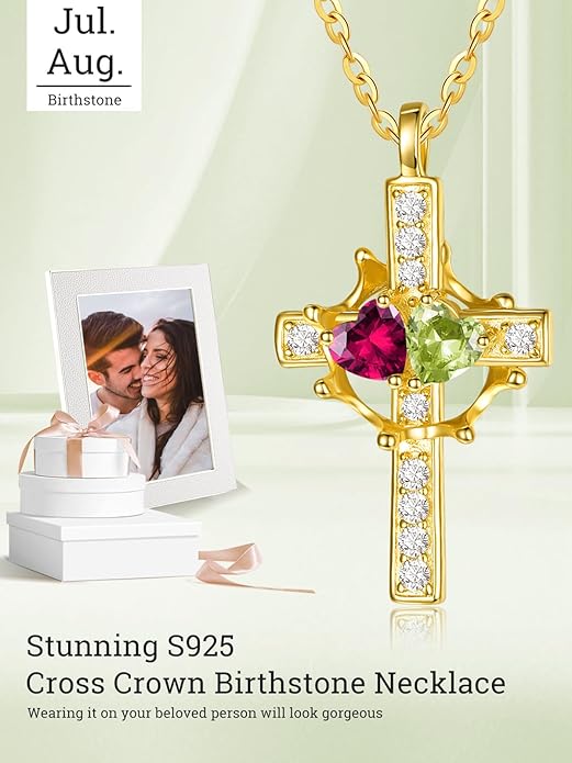 Zeuslia Double Birthstone Necklace Gifts for Wife - 925 Sterling Silver Sunflower/Rose/Crown Cross/Compass/Heart Pendant I Love You Necklace, Anniversary Birthday Gifts for Wife Girlfriend Mom Her